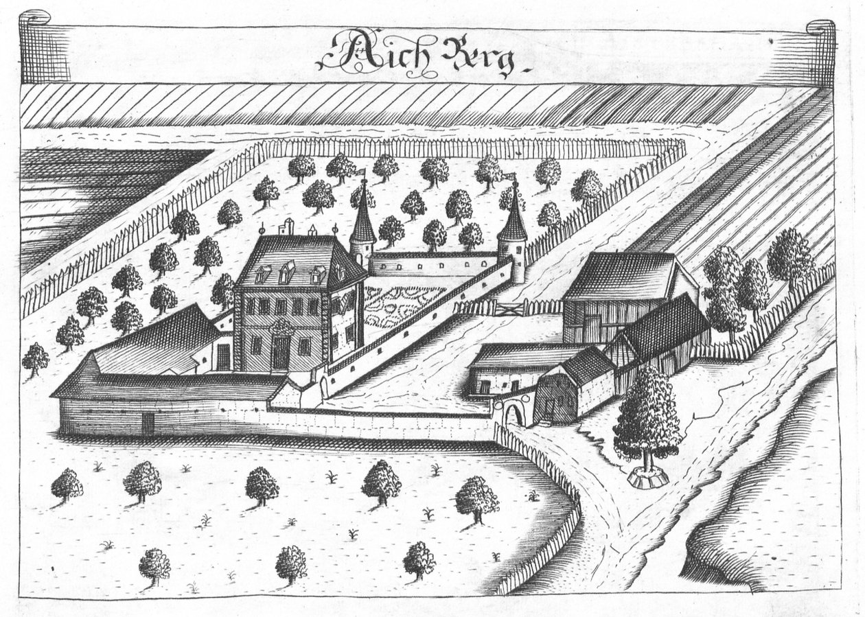 Engraving, View of Aichberg Castle, Upper Austria by Georg Matthaus Vischer