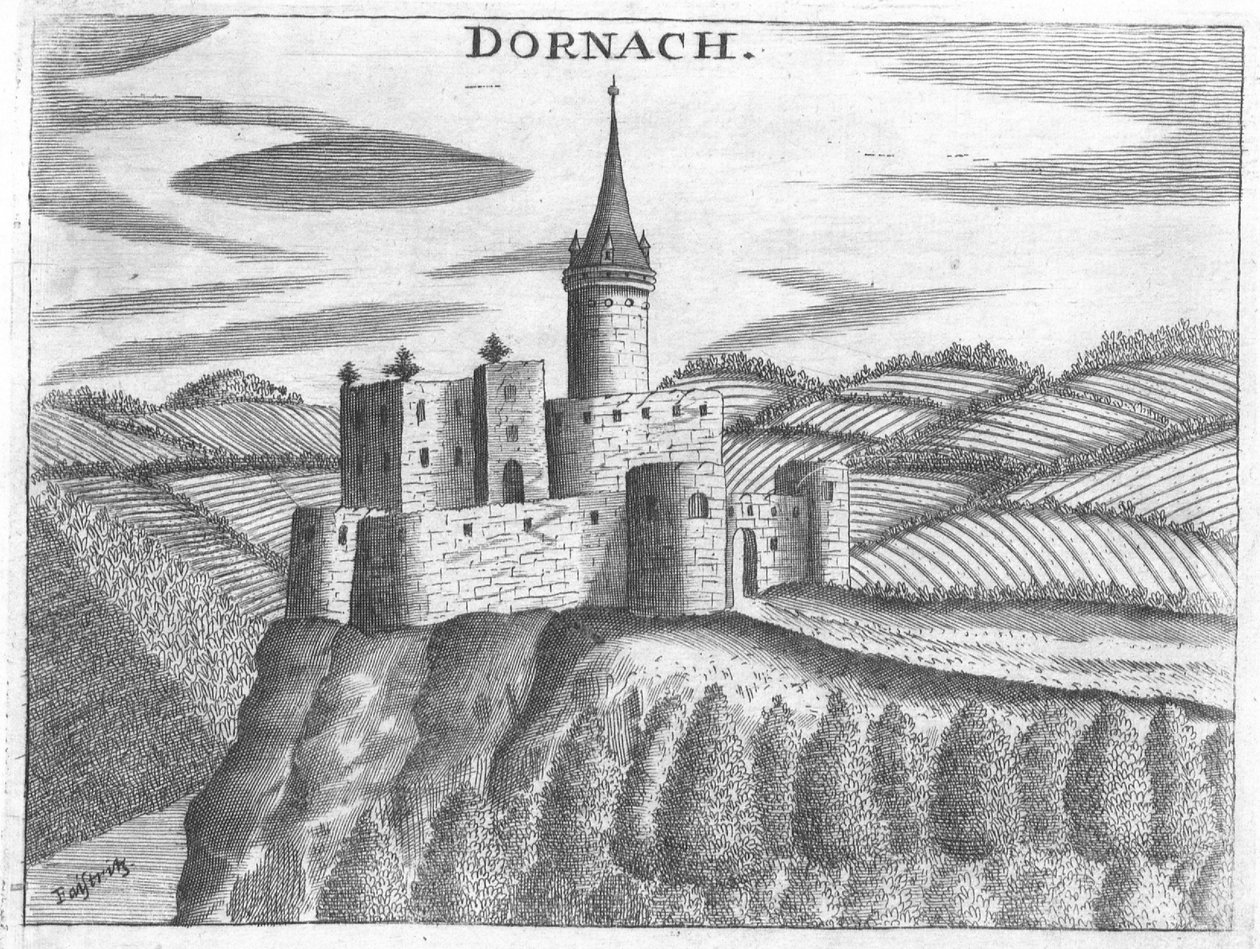 Engraving, view of Dornach Castle, Upper Austria by Georg Matthaus Vischer