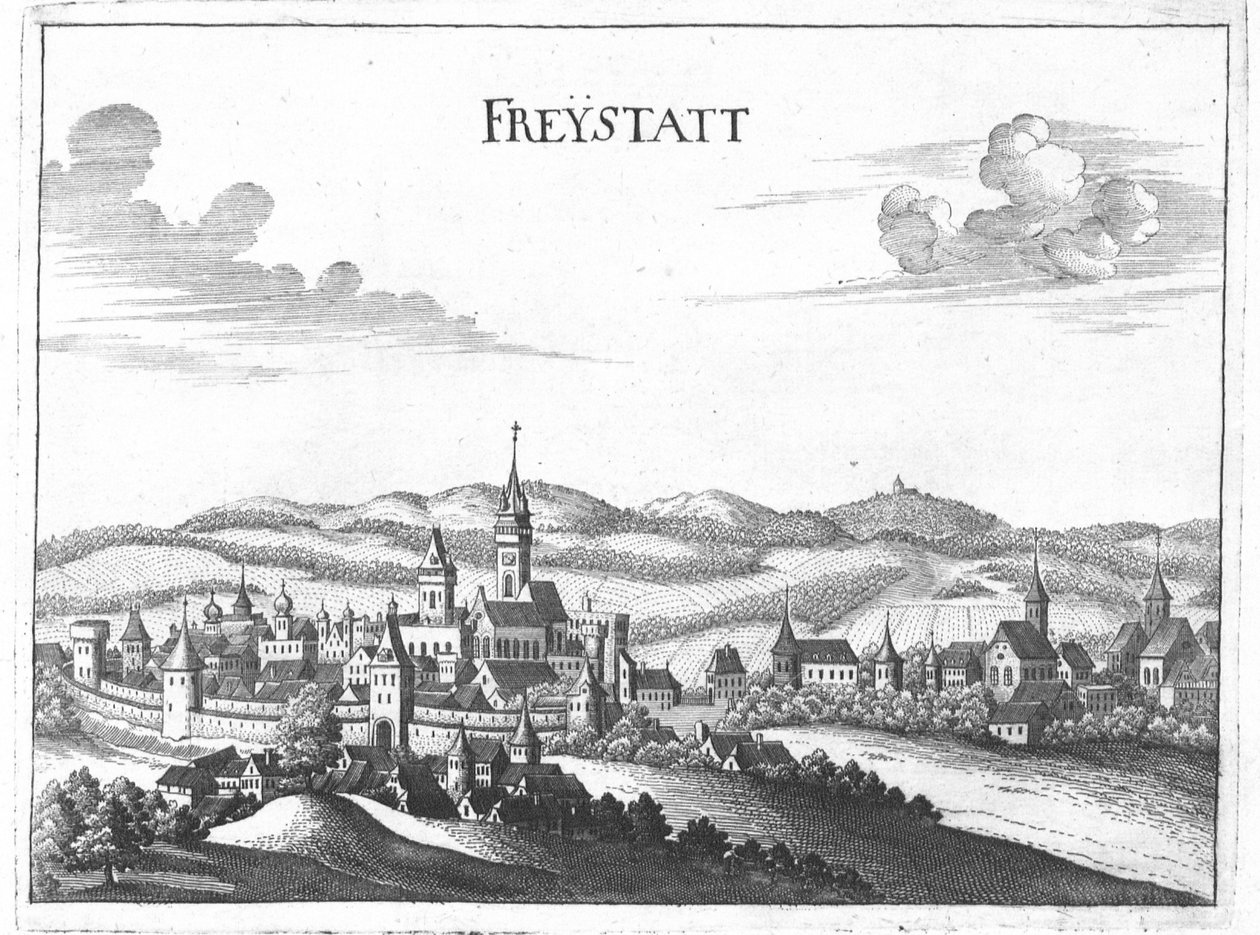 Engraving, View of Freistadt, Upper Austria by Georg Matthaus Vischer
