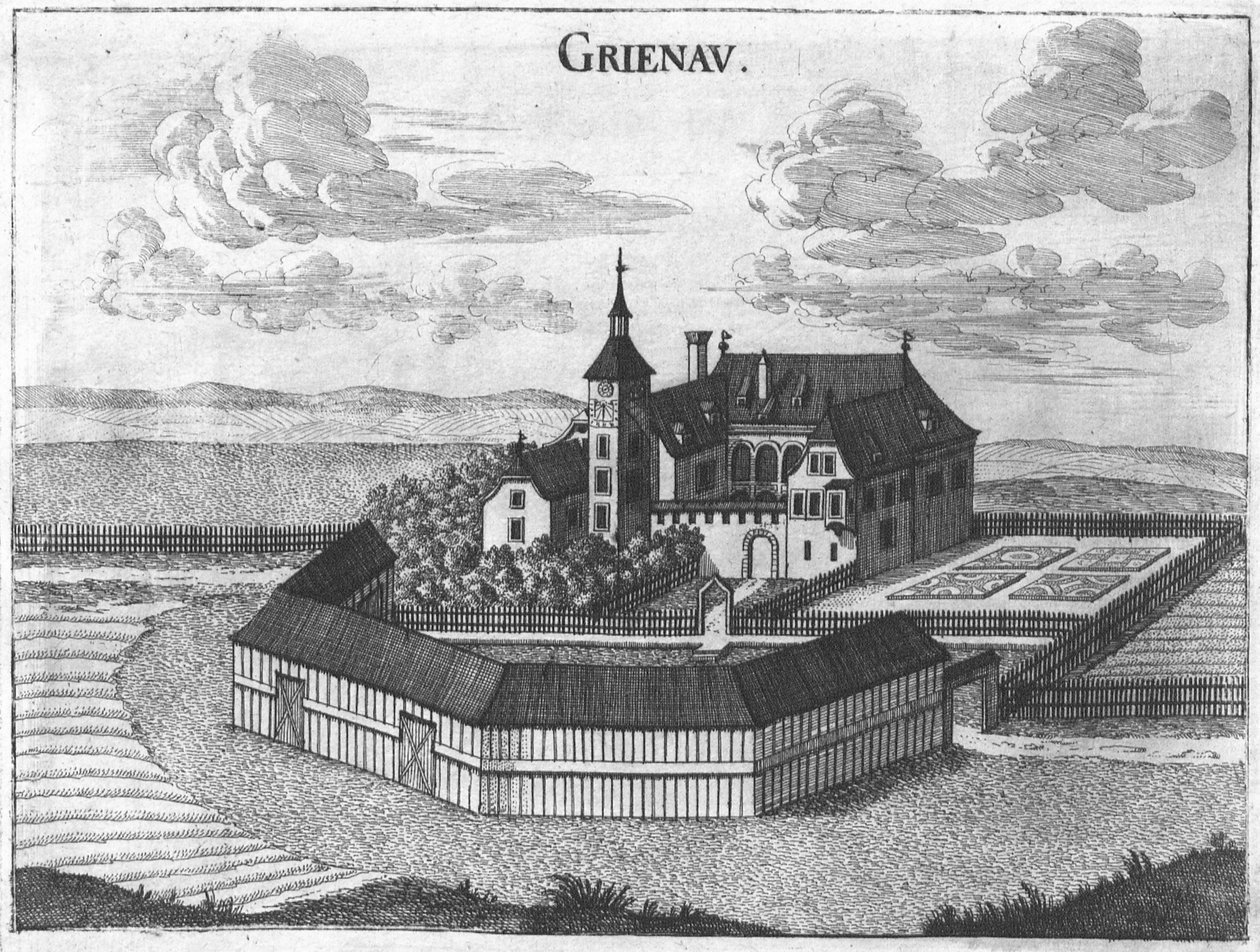 Engraving, view of Grünau Castle, Upper Austria by Georg Matthaus Vischer