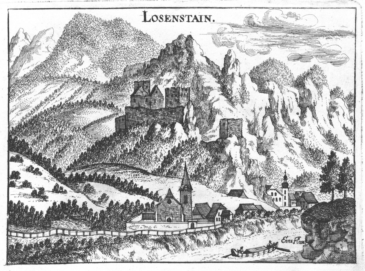 Engraving, view of Losenstein Castle, Upper Austria by Georg Matthaus Vischer