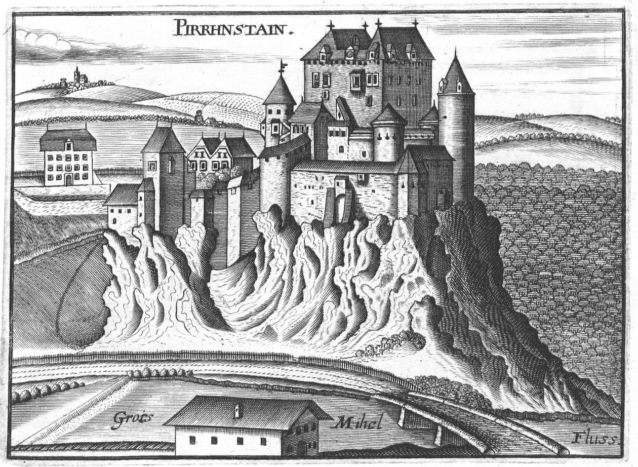Engraving, View of Pürnstein Castle, Upper Austria by Georg Matthaus Vischer
