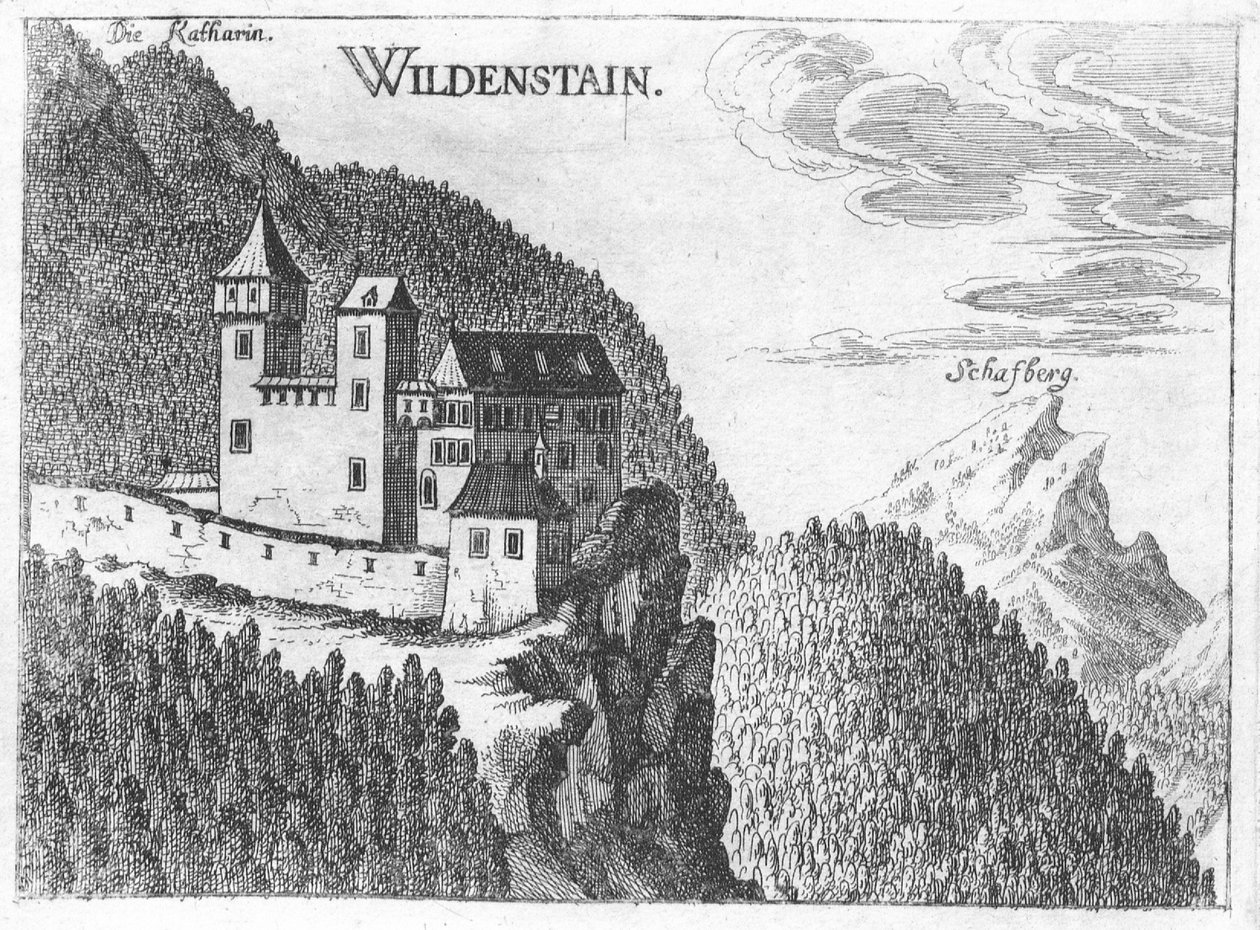 Engraving, view of Wildenstein Castle, Upper Austria by Georg Matthaus Vischer