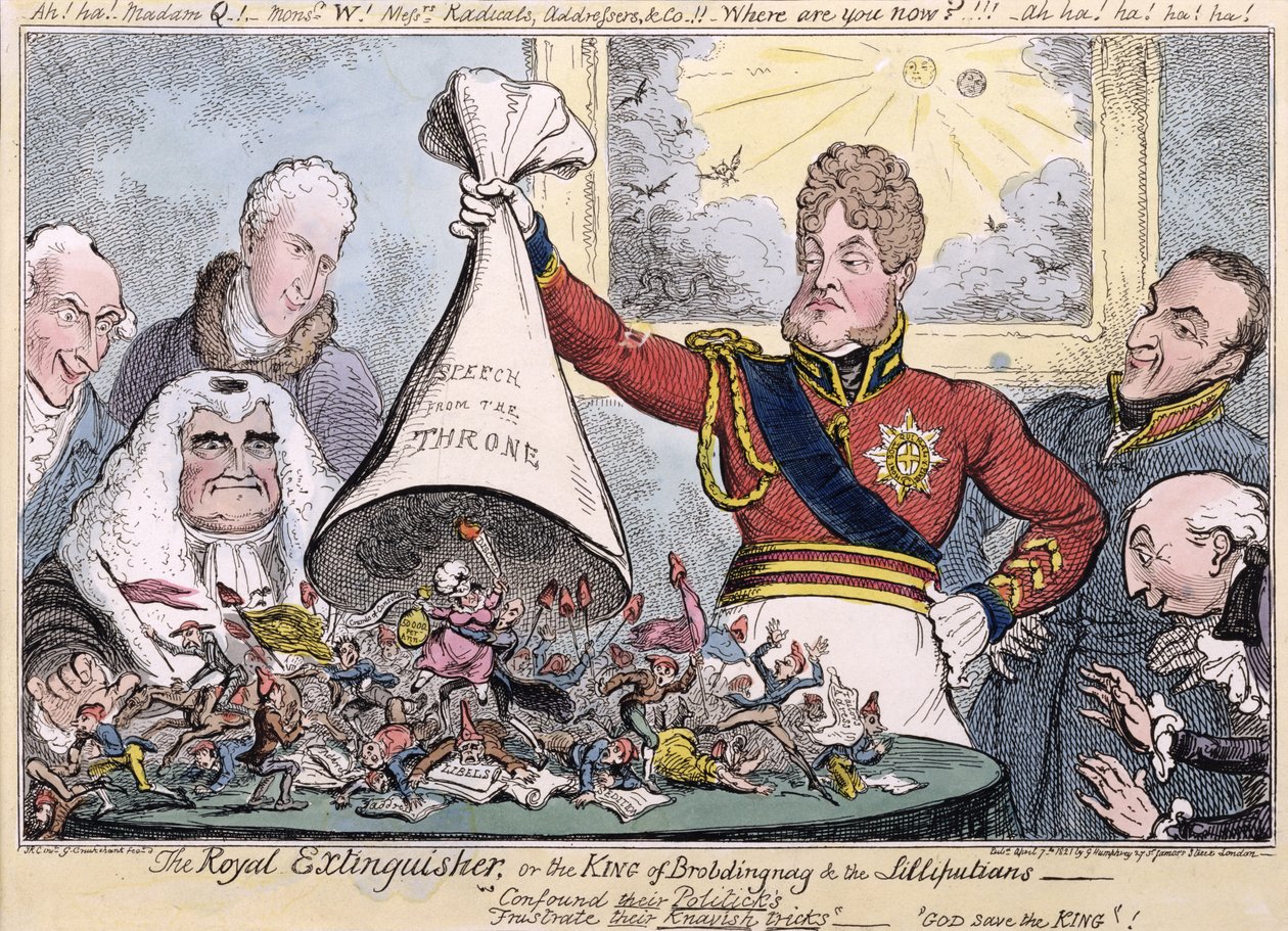 The Royal Extinguisher or the King of Brobdingnag and the Lilliputians, 1821 by Isaac, Robert and George Cruikshank