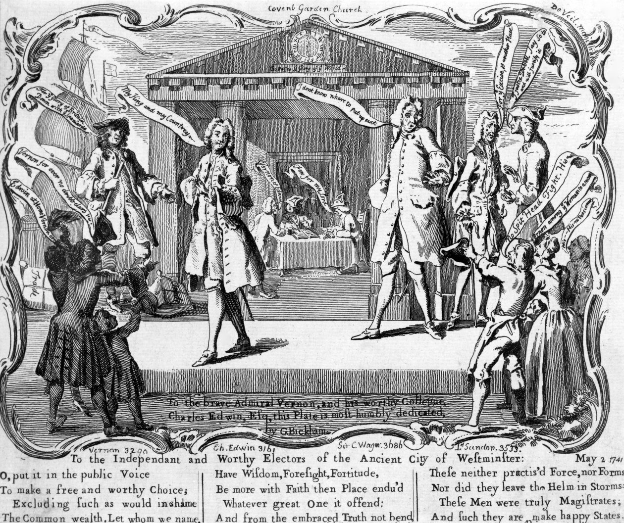 Satire on the Westminster Election with candidates at hustings by the portico of St Paul