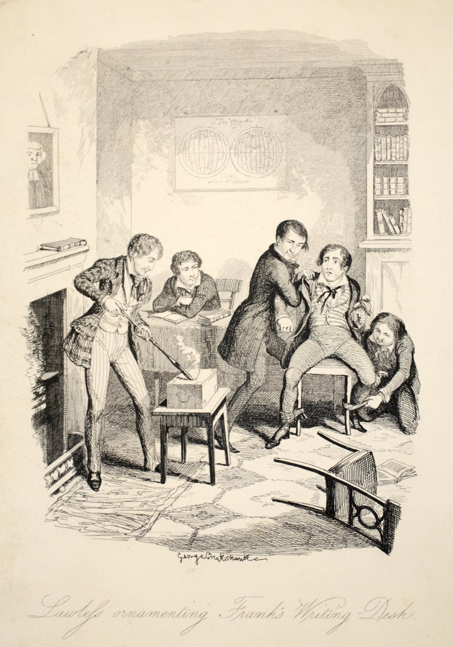 Lawleys Ornamenting Franks Writing-Desk, from Frank Fairlegh or Scenes From the Life of a Private Pupil by George Cruikshank