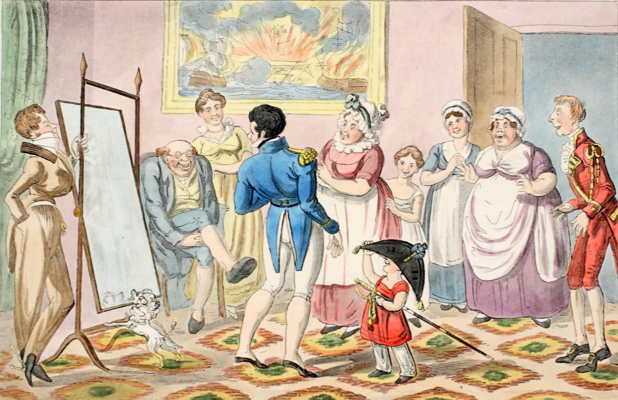 Mr. B promoted to Lieutenant, and first putting on his uniform, from The Progress of a Midshipman by George Cruikshank