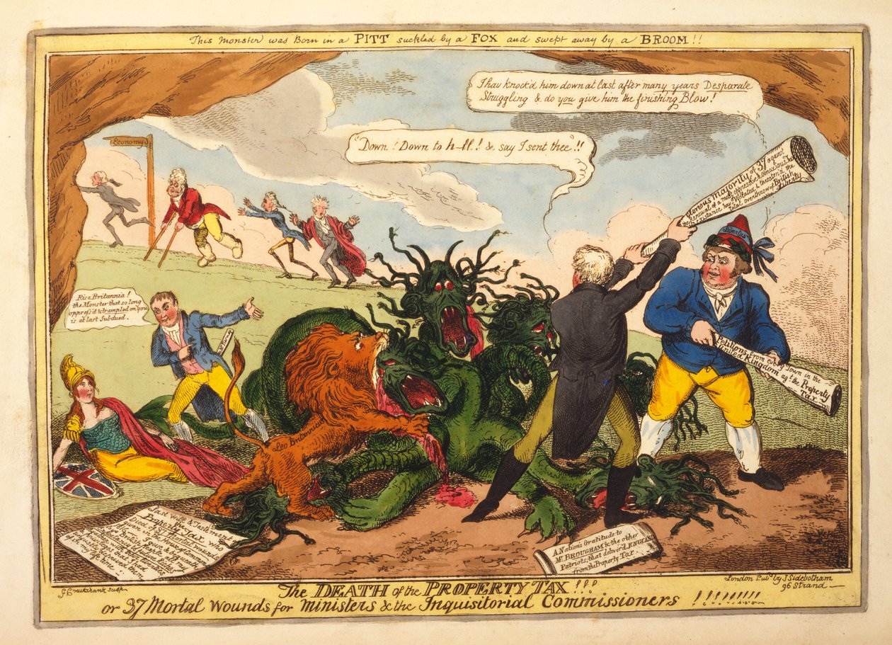 The Death of the Property Tax!! or 37 Mortal Wounds for Ministers and the Inquisitional Commissioners, pub. 1816 by George Cruikshank