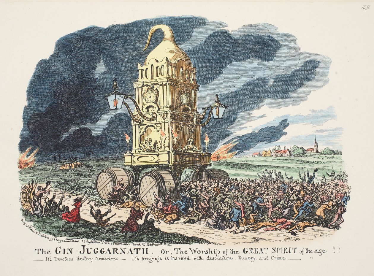 The Gin Juggarnath or the Worship of the Great Spirit of the Age!! - Its devotees destroy themselves - Its progress is marked with desolation, misery and crime, pub. 1835 by George Cruikshank