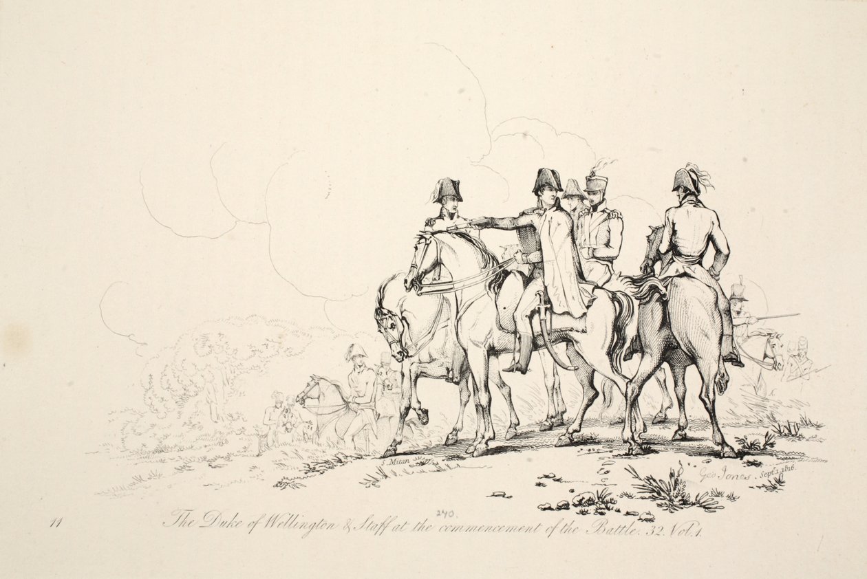 The Duke of Wellington and Staff at the commencement of the Battle, pub. J. Booth, 1816 by George Jones