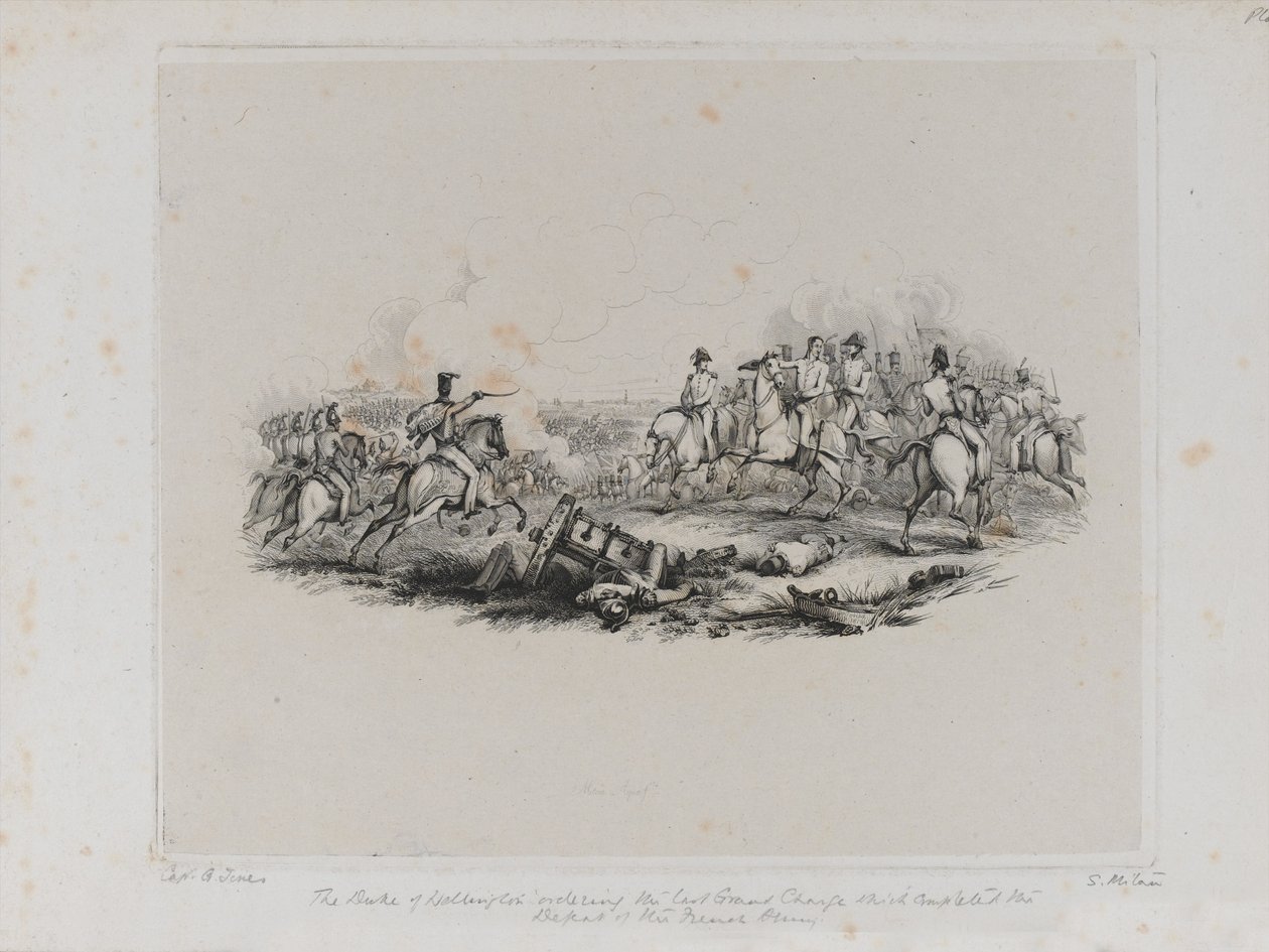 The Memorable Battle of Waterloo - The Duke of Wellington ordering the Last Grand Charge which completed the defeat of the French Army, engraving by Samuel Mitan, 1817 by George Jones