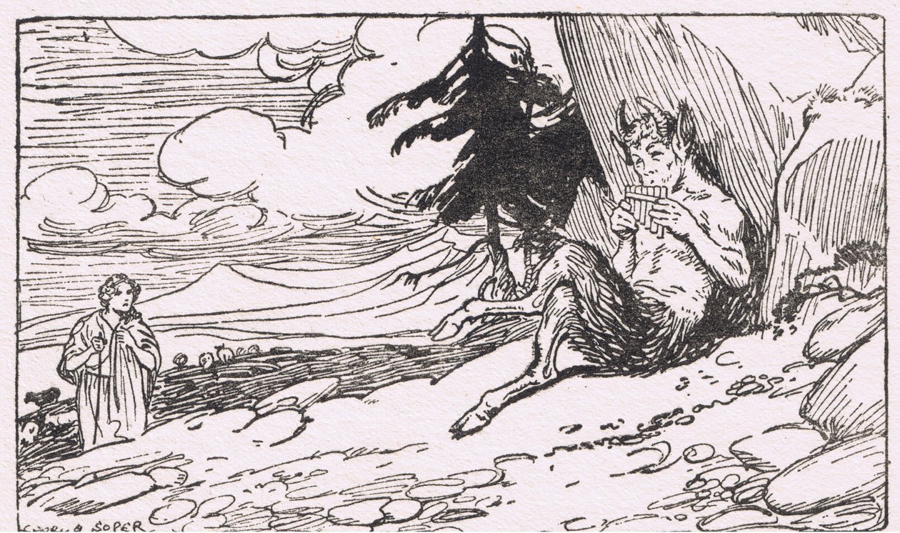 The Pomegranate Seeds: She saw a person named Pan, seated at the foot of a tall rock and making music on a shepherd