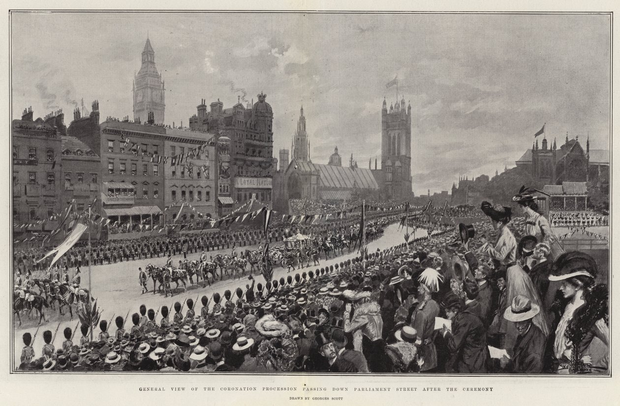 General View of the Coronation Procession passing down Parliament Street after the Ceremony by Georges Bertin Scott