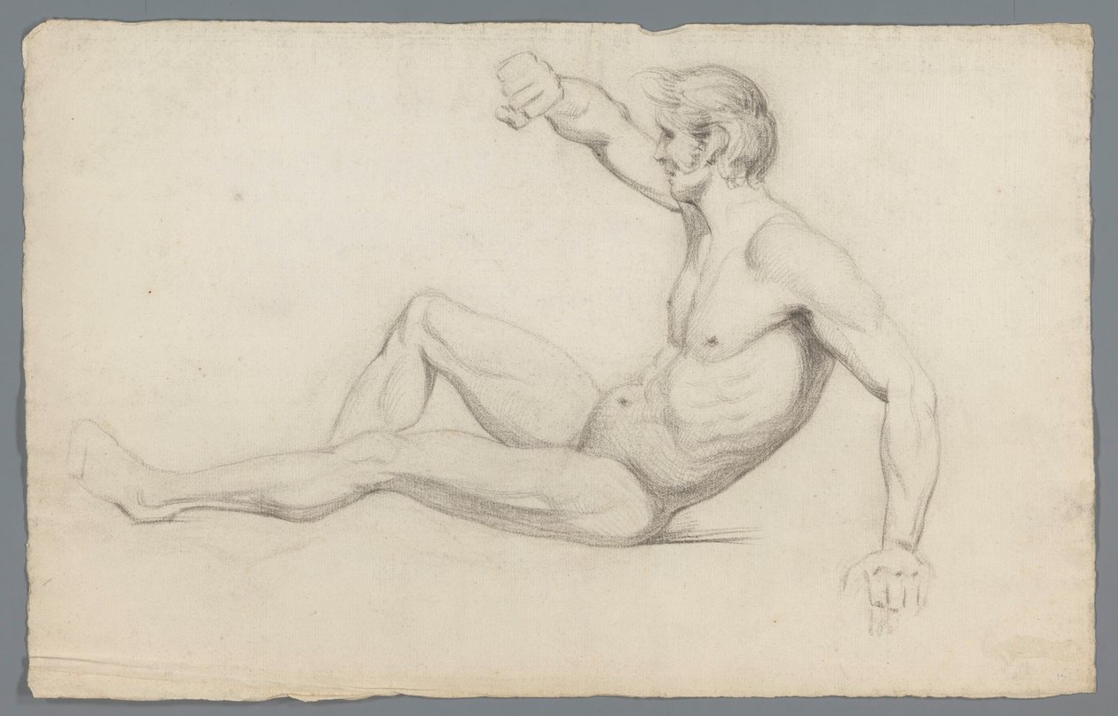 Seated Male Nude with Raised Arm by Gerard Allebé