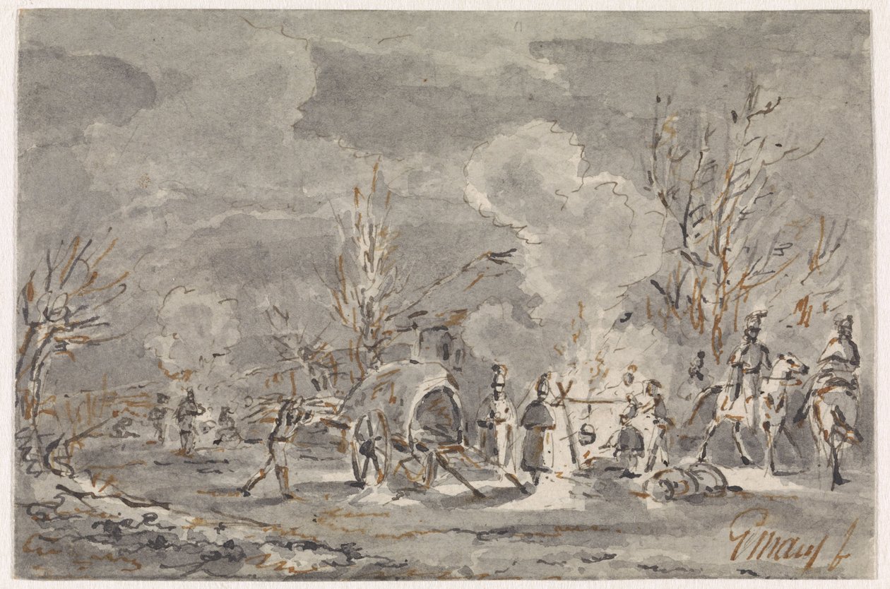 Military Camp with Soldiers Around Campfire by Gerardus Emaus de Micault
