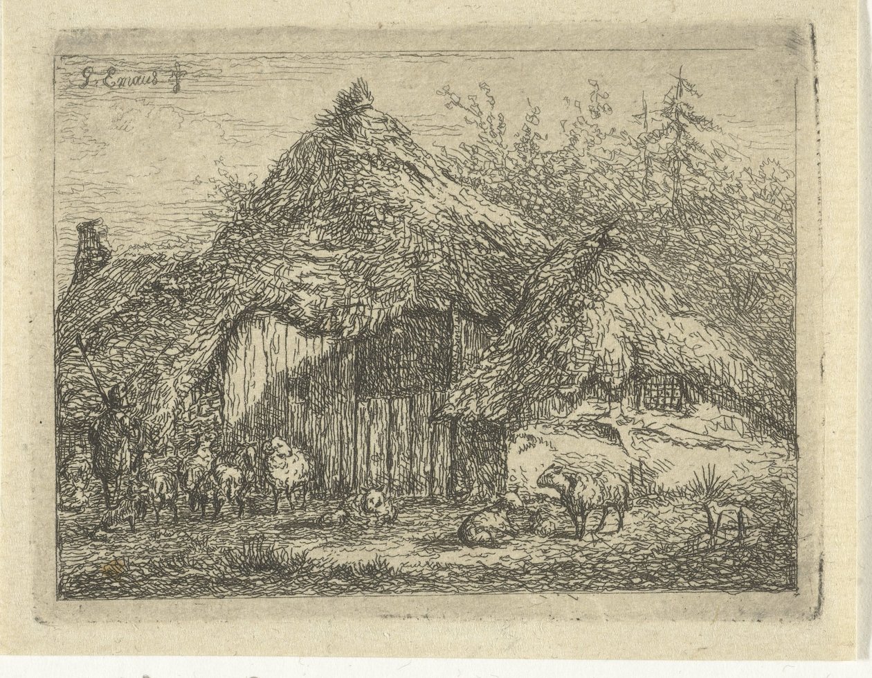 Shepherd by a Sod Hut (The Flock of Sheep) by Gerardus Emaus de Micault