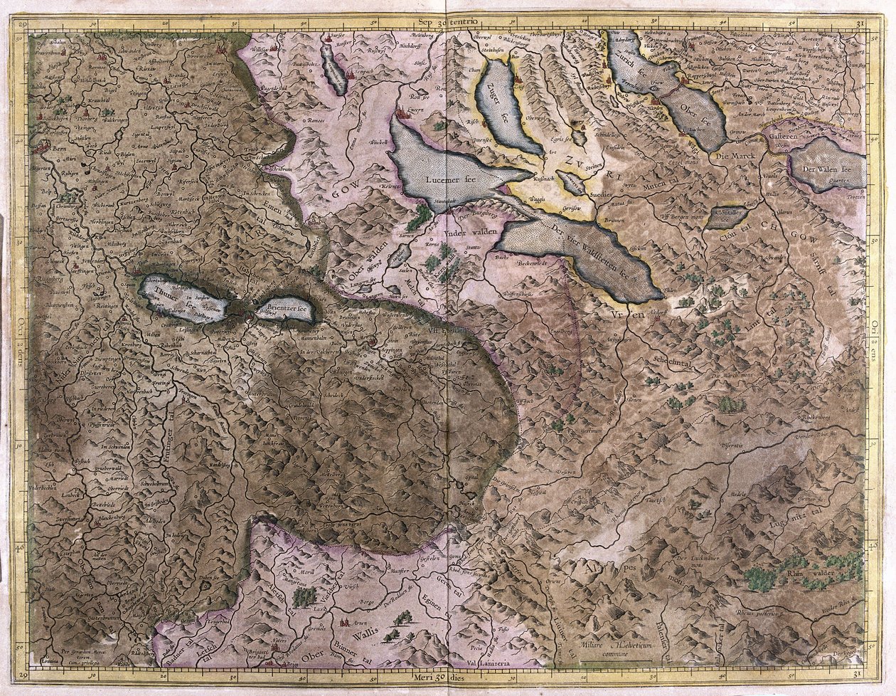 Lakes in Switzerland (engraving) by Gerardus Mercator