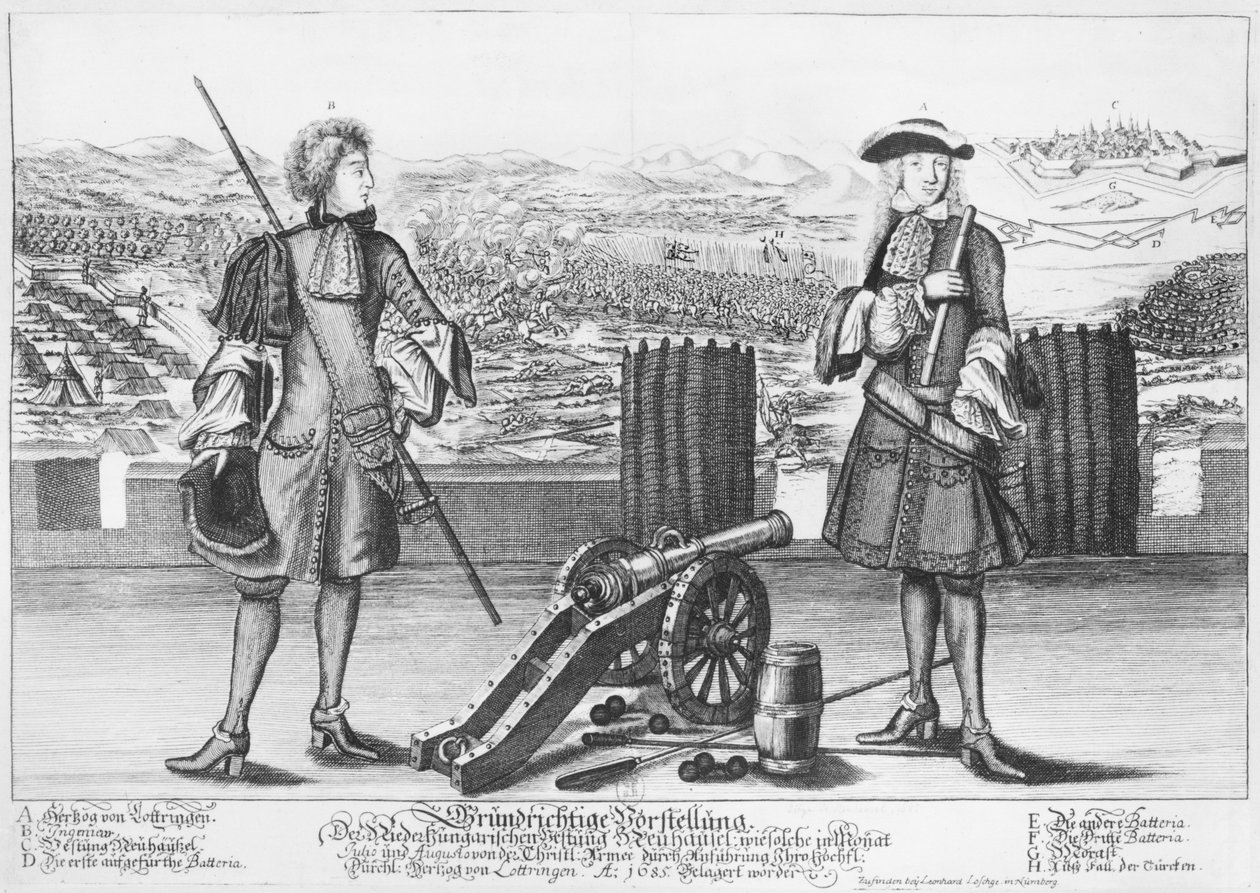 Charles V, Duke of Lorraine and Bar, with an Engineer, at the Battle of Neuhausel Against the Turks by German School