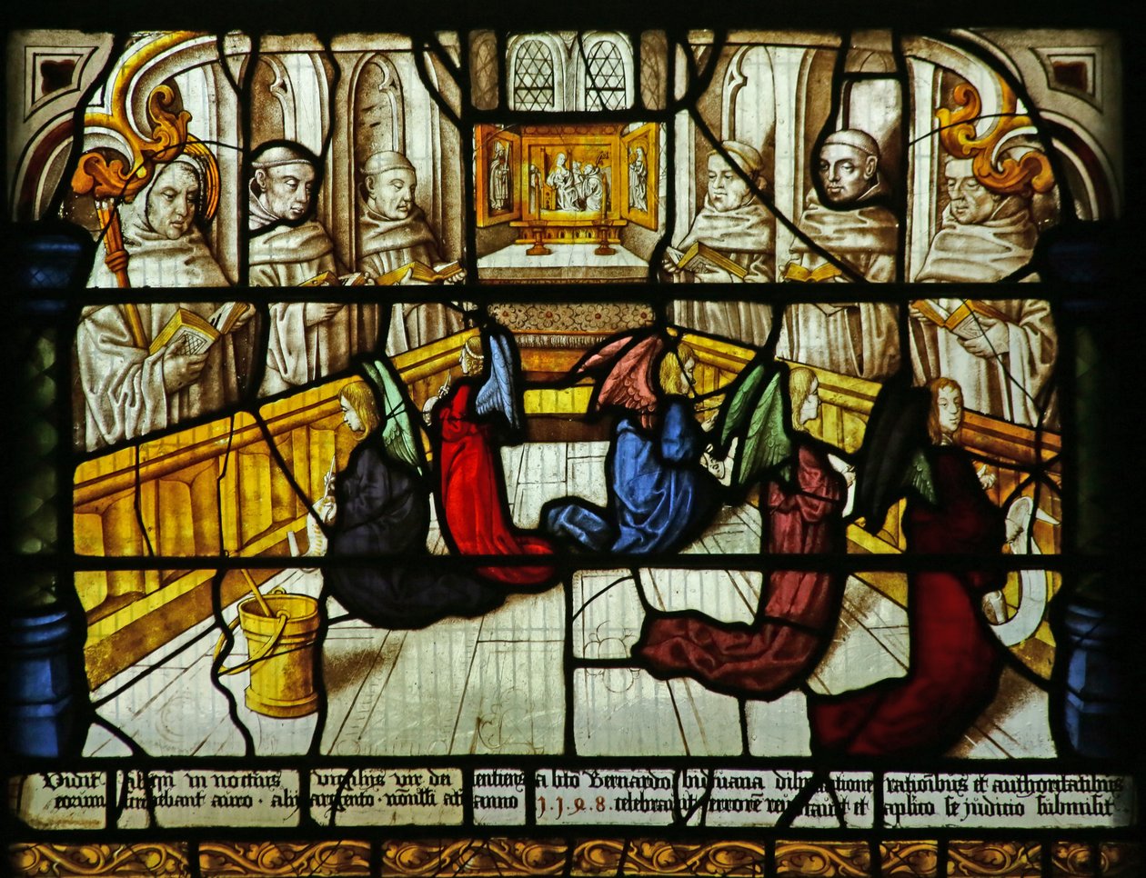 St Bernard has a vision of angels monitoring the monks singing, c.1500 by German School