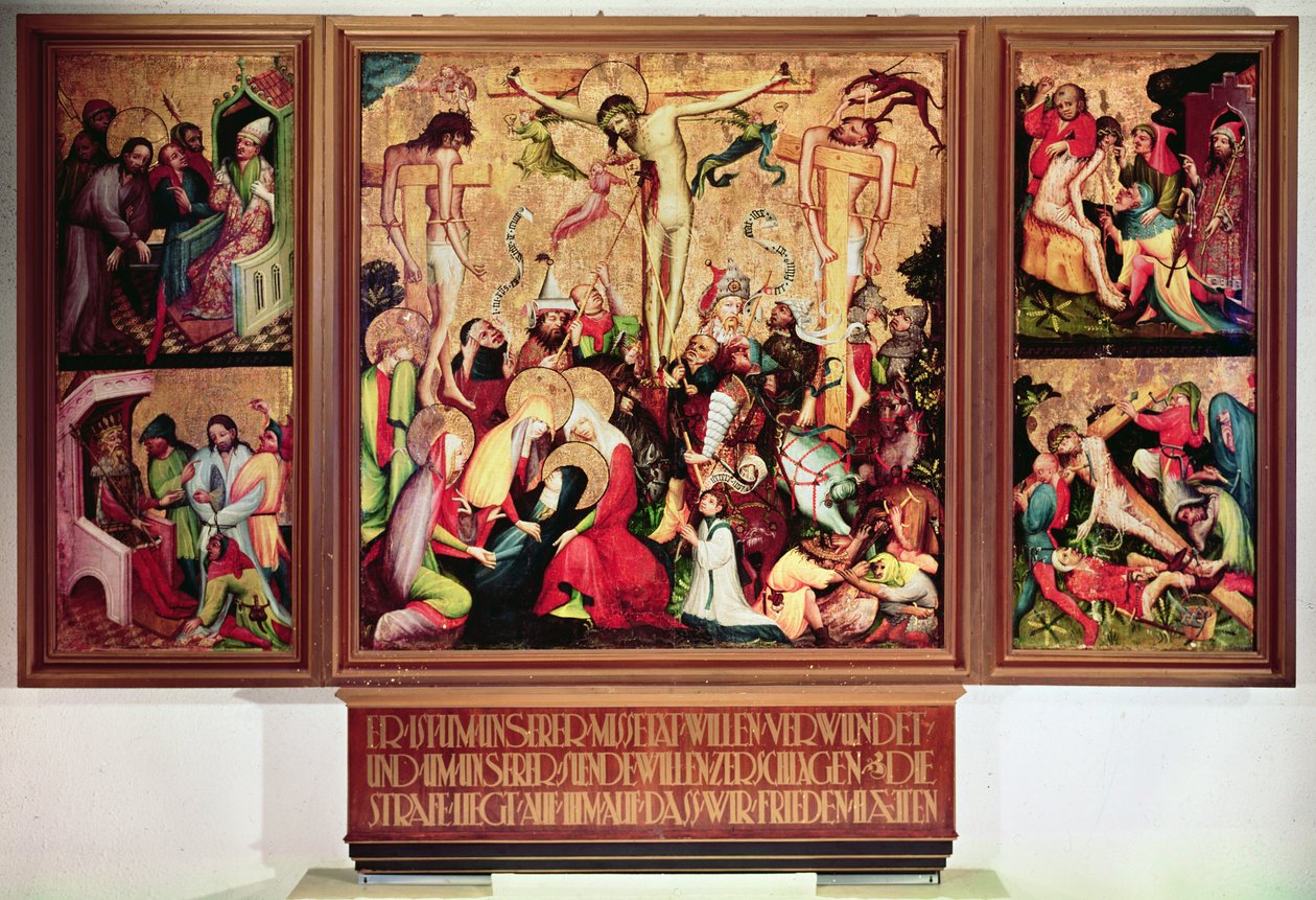 The Crucifixion, Triptych with Side Panels Depicting Scenes from the Passion by German School