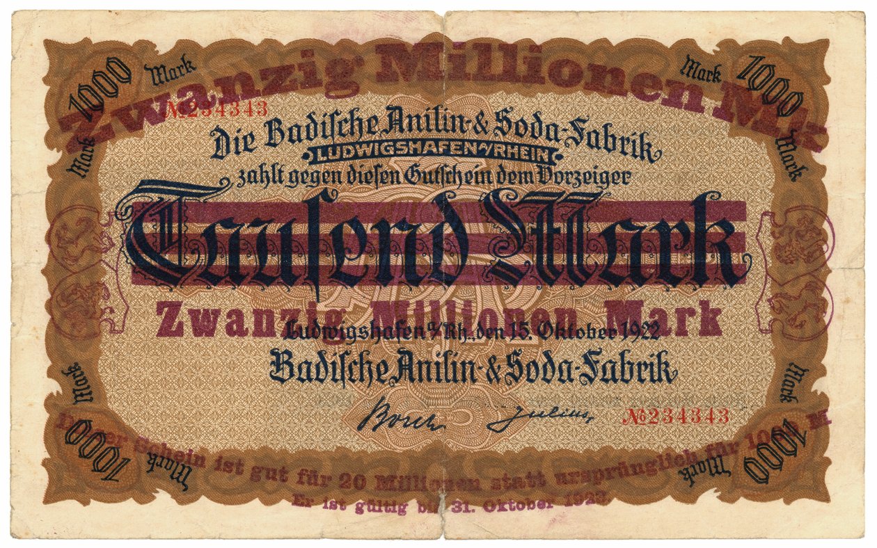 A twenty million mark banknote by German School
