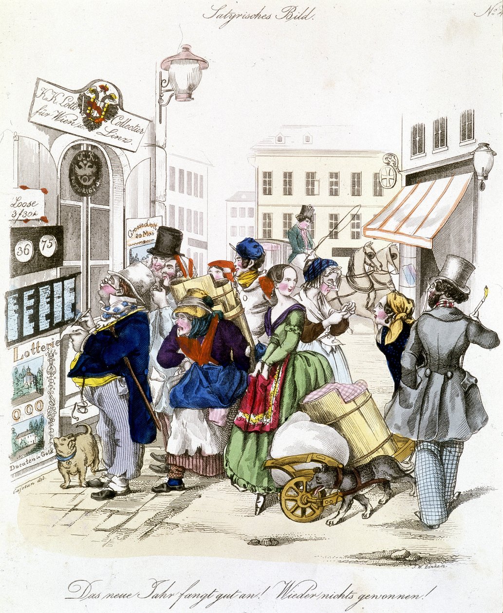 Characters reporting lottery results, Germany by German School