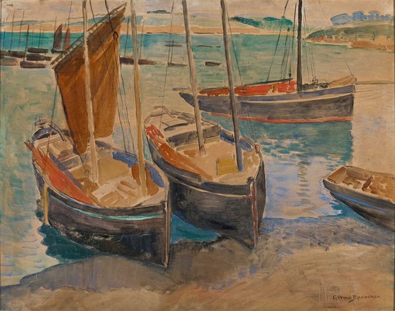 Port with Ships in Brittany by Gerrit Willem van Blaaderen