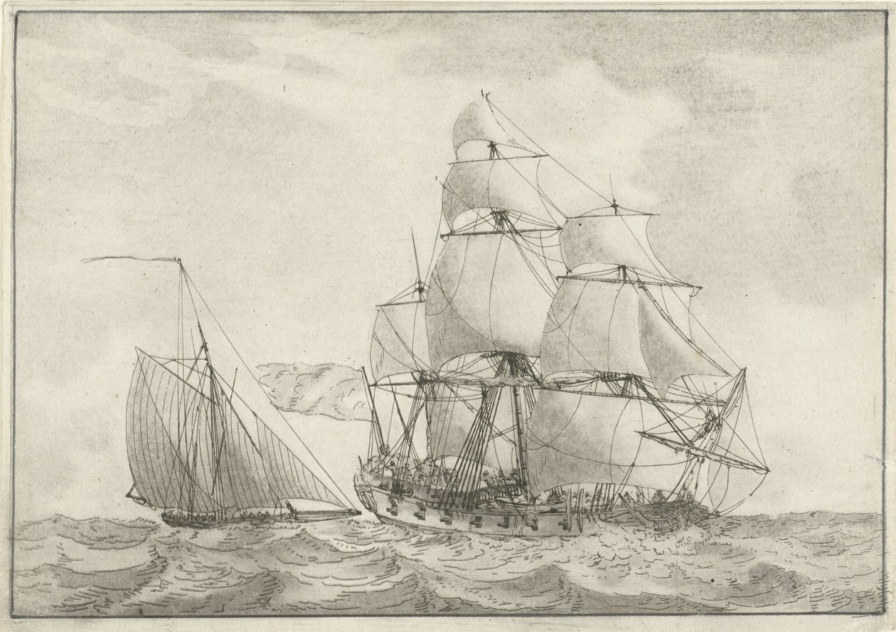 Cutter and a War Frigate by Gerrit Groenewegen