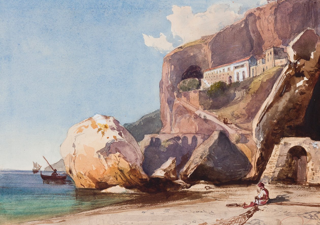 The Capuchin Monastery at Amalfi from the Beach, with Additions by Prince Alfonso Maria di Borbone by Giacinto Gigante