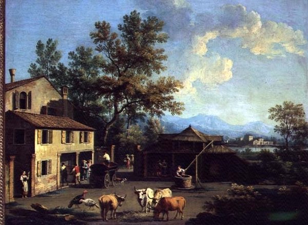 A Farmyard with Peasants and Animals by Gianbattista Cimaroli