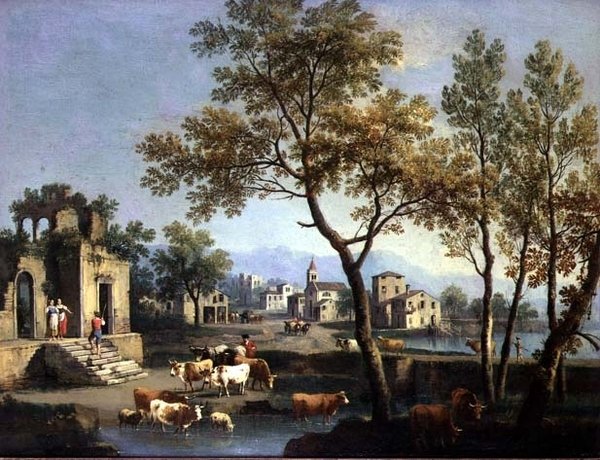 A Village Street with Peasants and Cattle by Gianbattista Cimaroli