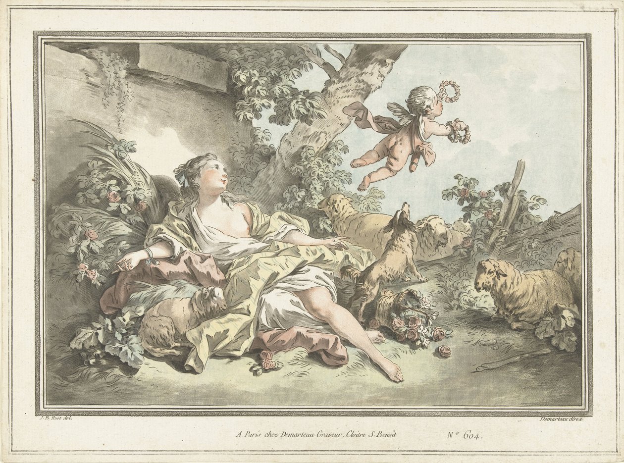 Shepherdess with Flying Cupid by Gilles Antoine Demarteau