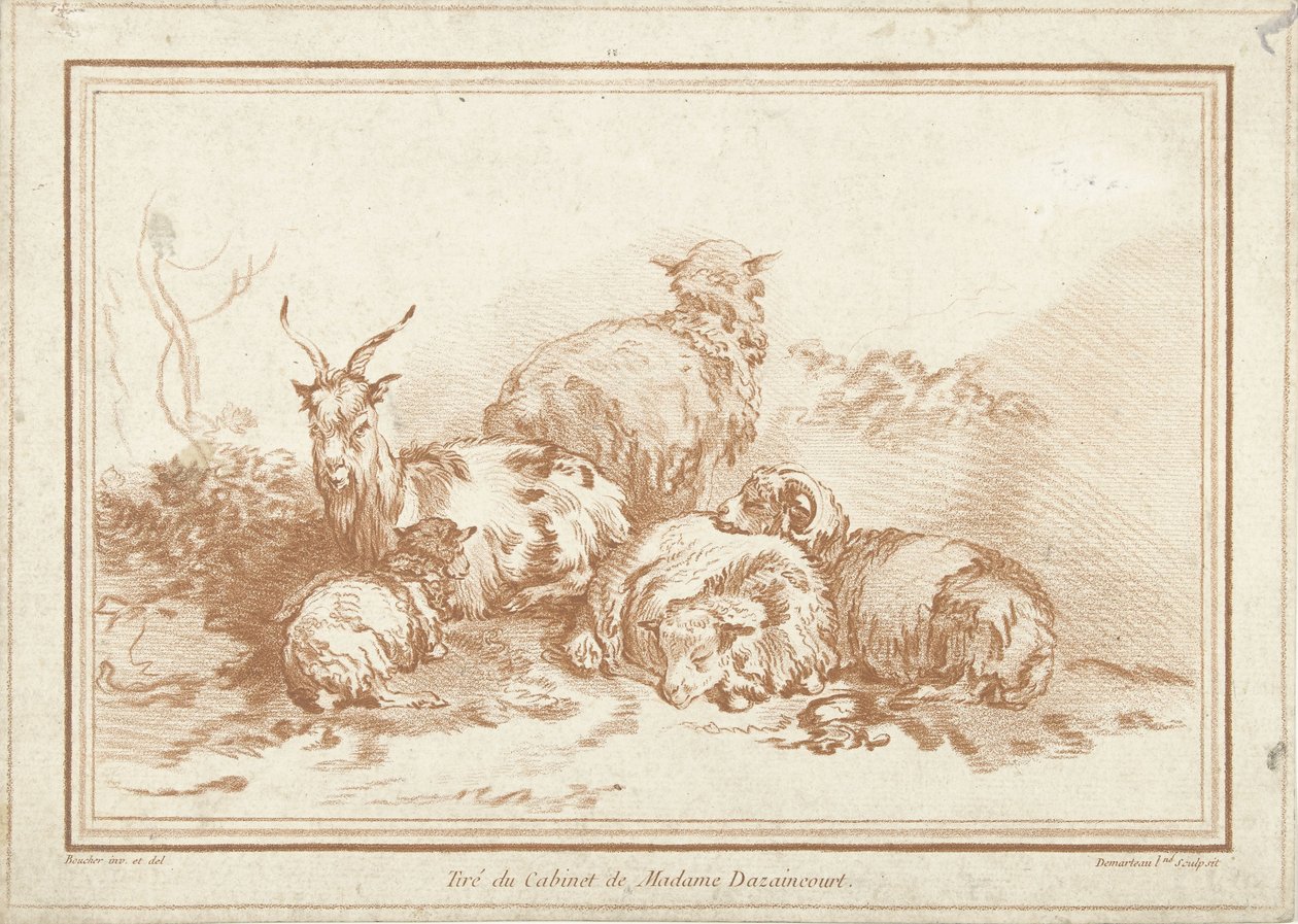 Lying Sheep and Goat by Gilles Demarteau