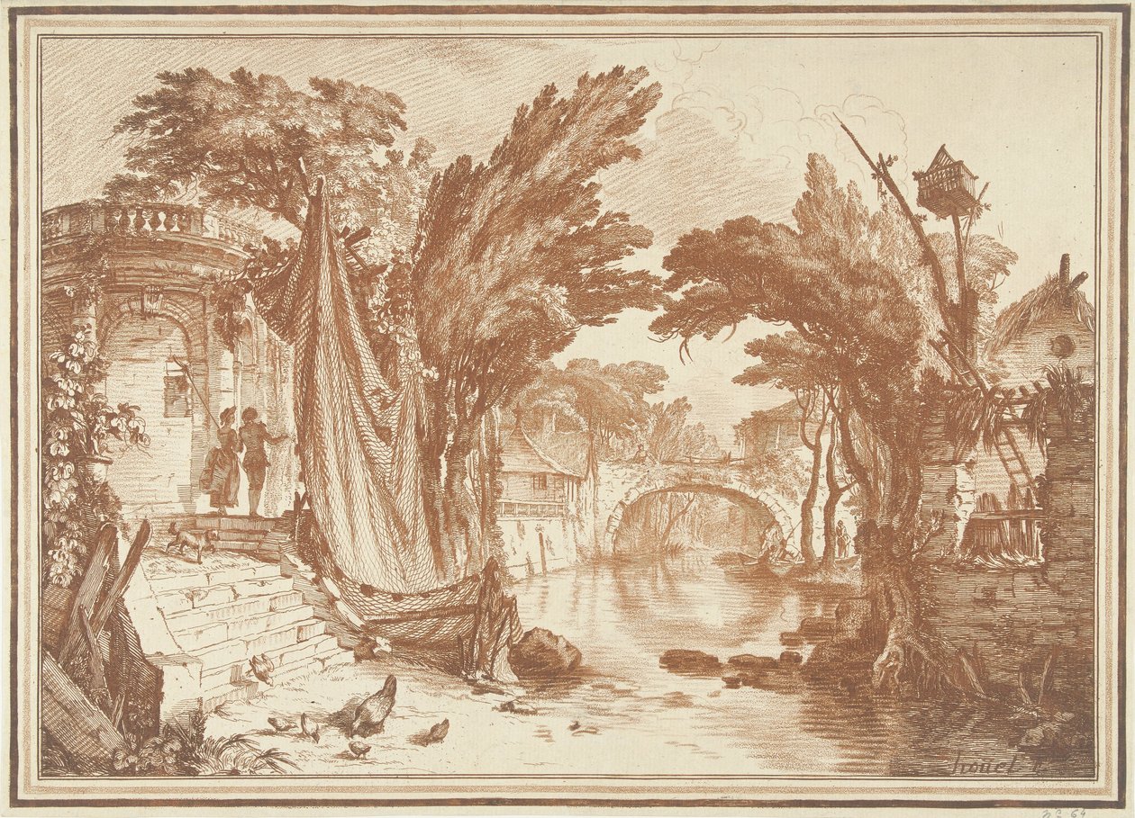 Southern Landscape with Houses by a River by Gilles Demarteau