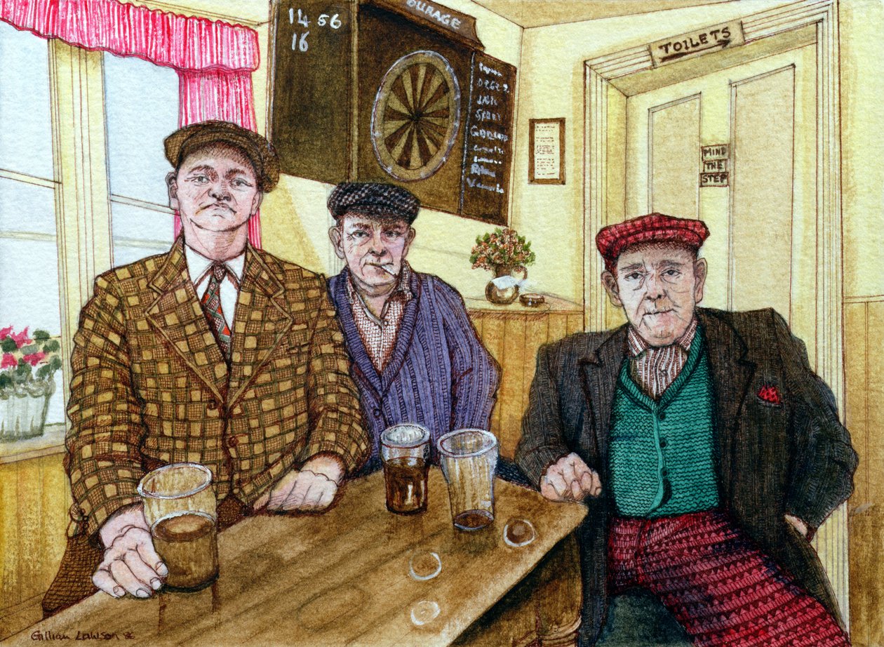 Three Men in a Pub, 1984 by Gillian Lawson