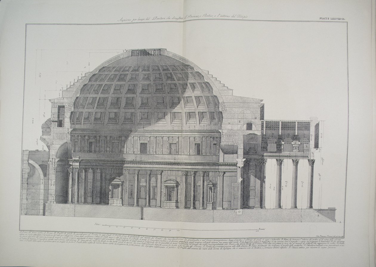 Longitudinal Section of the Pantheon showing the dome, the portico and the interior of the temple from 