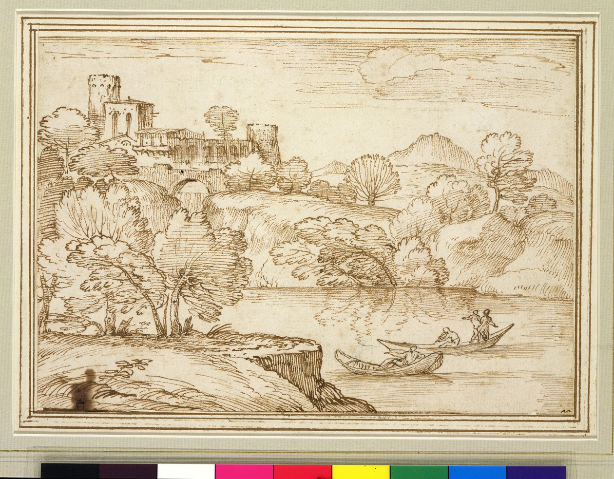 Classical landscape with boats on a lake below a castle by Giovanni F. Grimaldi