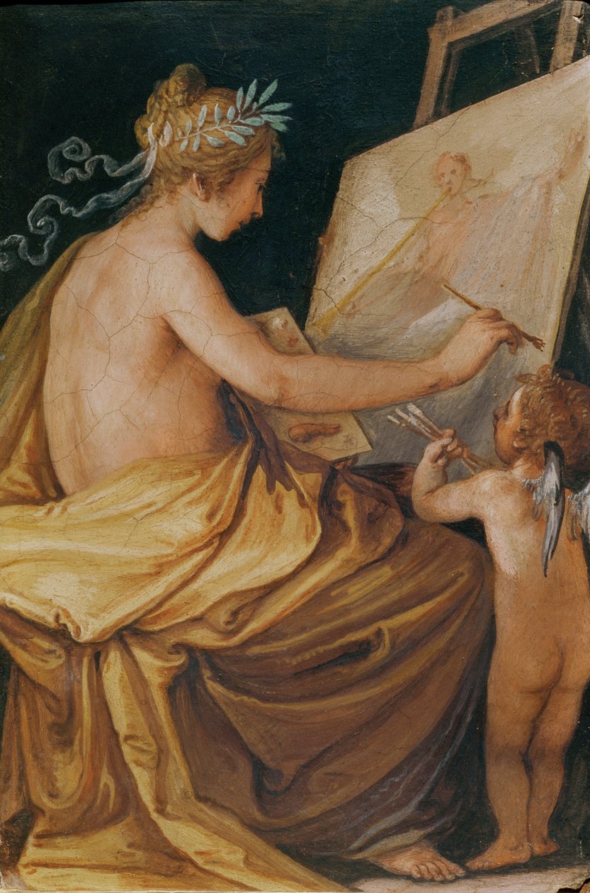 Painting, assisted by a cherub, depicting Fame by Giovanni Mannozzi