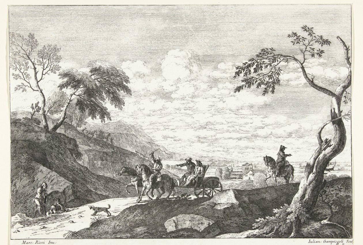 Hill Landscape with Two Men in Carriage Italian Landscapes by Giuliano Giampiccoli