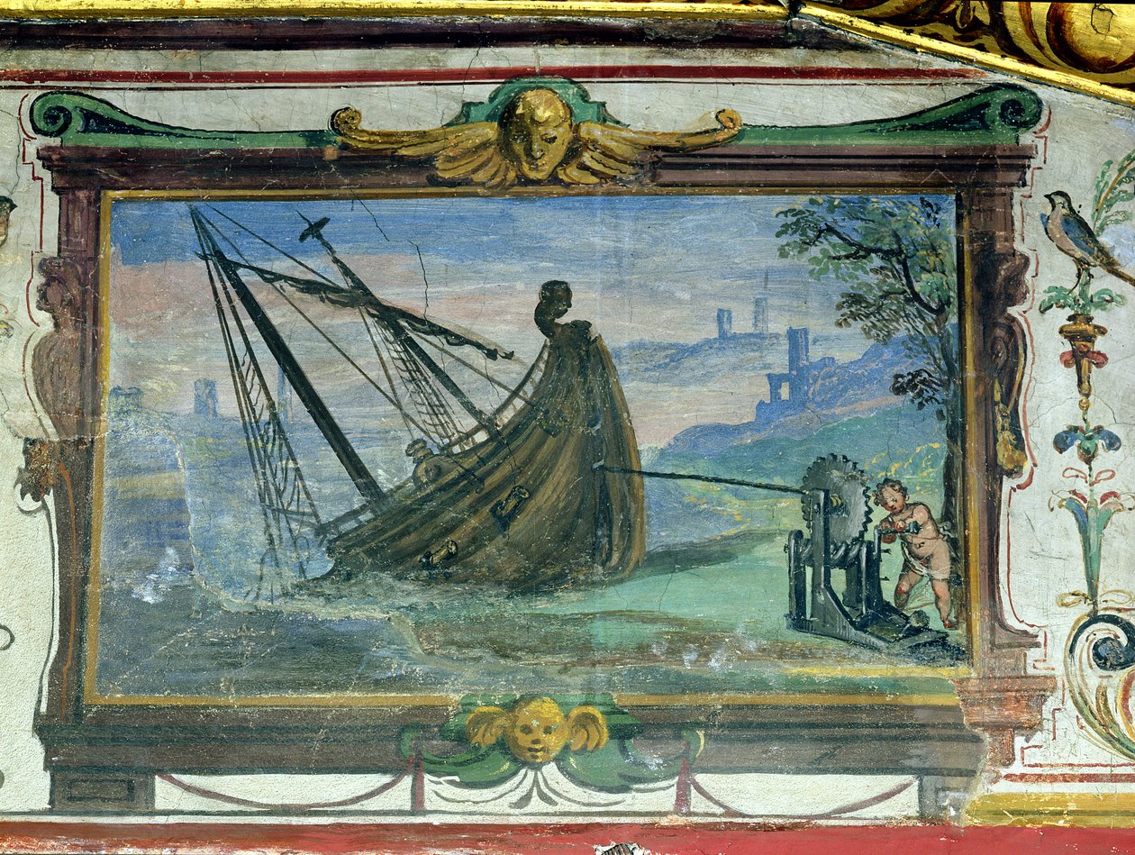 An endless screw that allowed Archimedes to drag a ship ashore, Stanza della Mattematica by Giulio Parigi