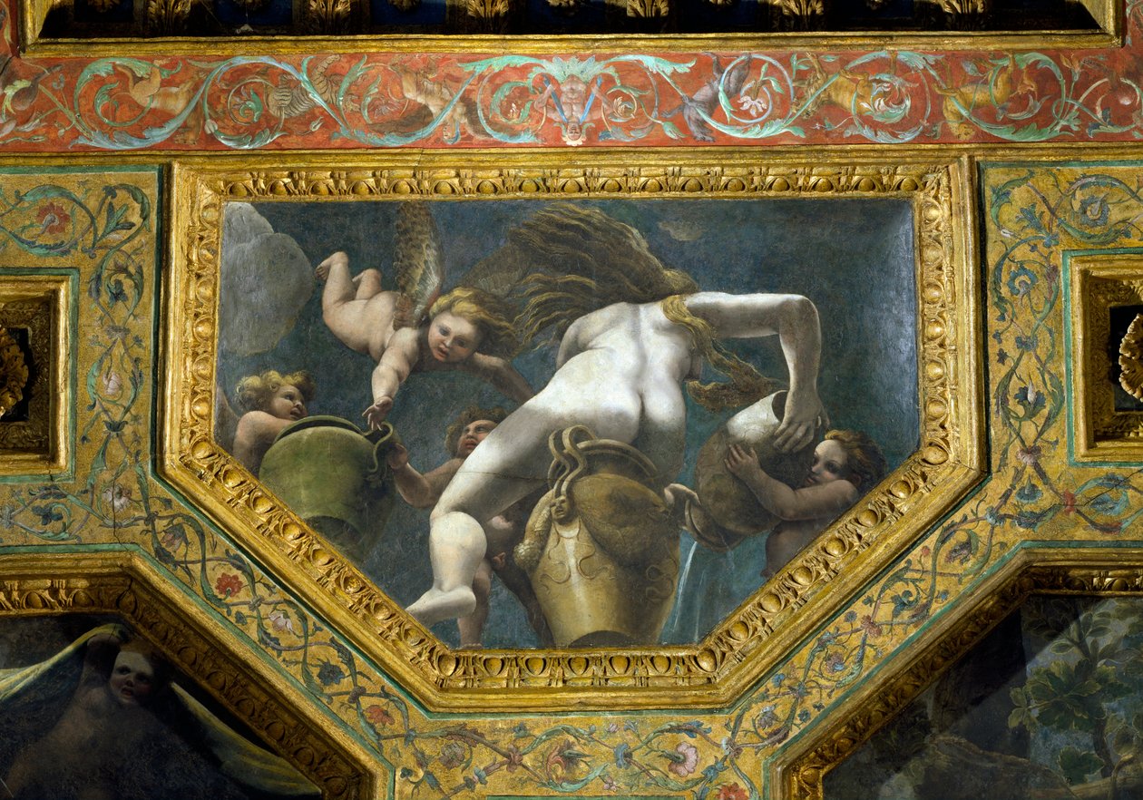 A nymph pouring water from an urn aided by putti, ceiling caisson from the Sala di Amore e Psiche by Giulio Romano