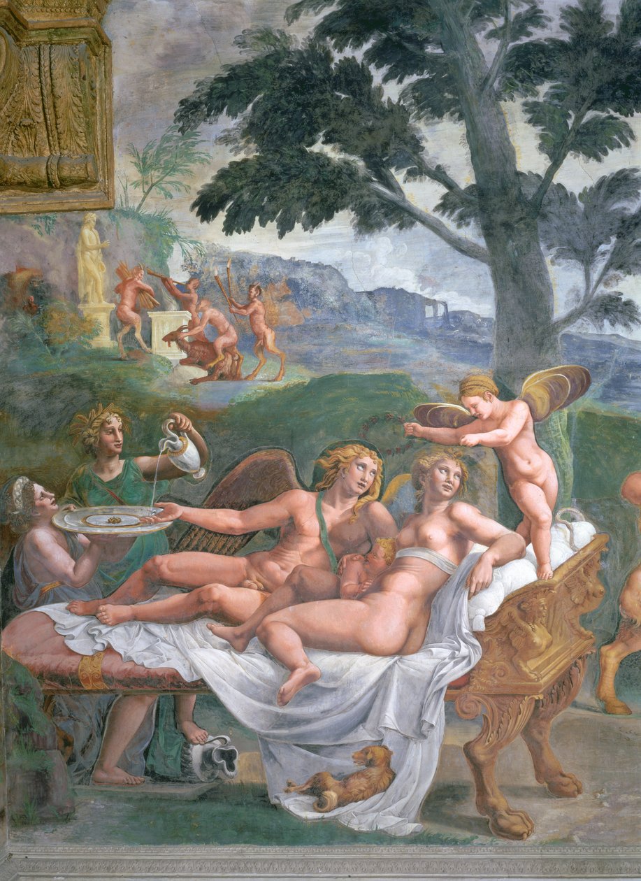 Cupid and Psyche with their daughter Voluptuousness, waited on by Ceres and Juno: (detail) by Giulio Romano