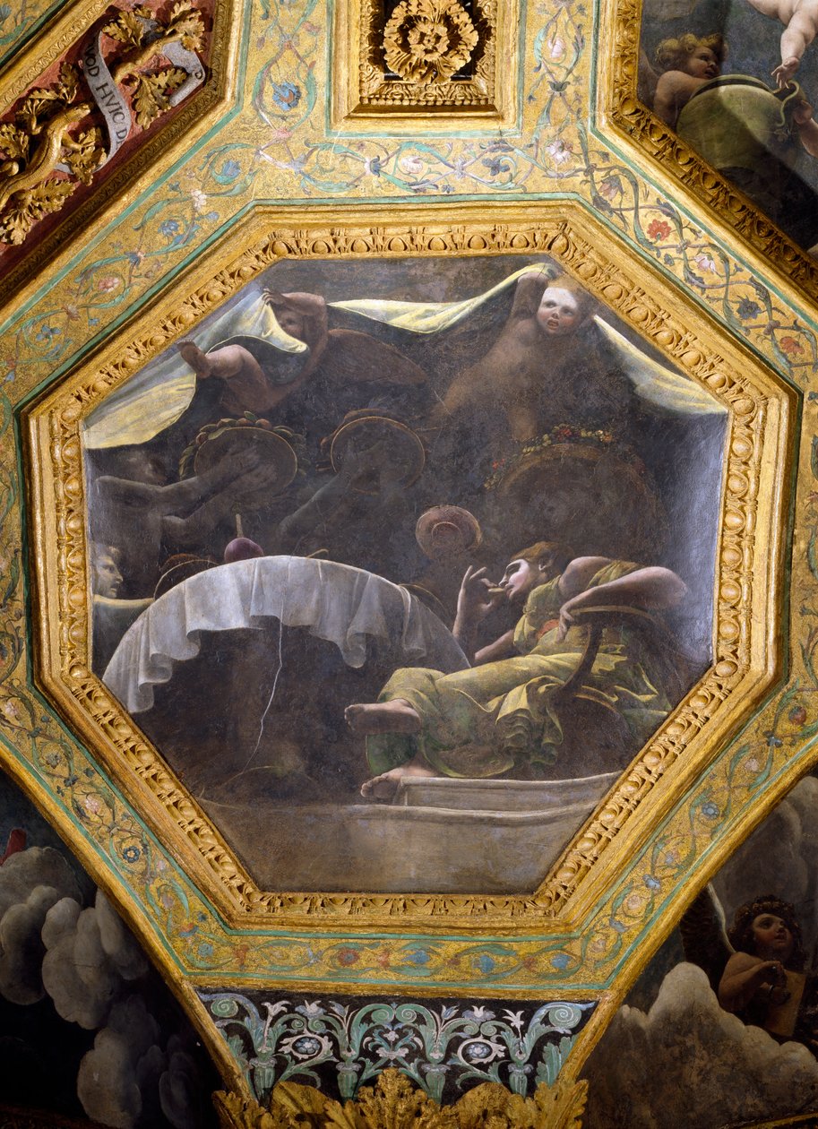 Psyche eating in the house of Cupid, ceiling caisson from the Sala di Amore e Psyche, 1528 by Giulio Romano