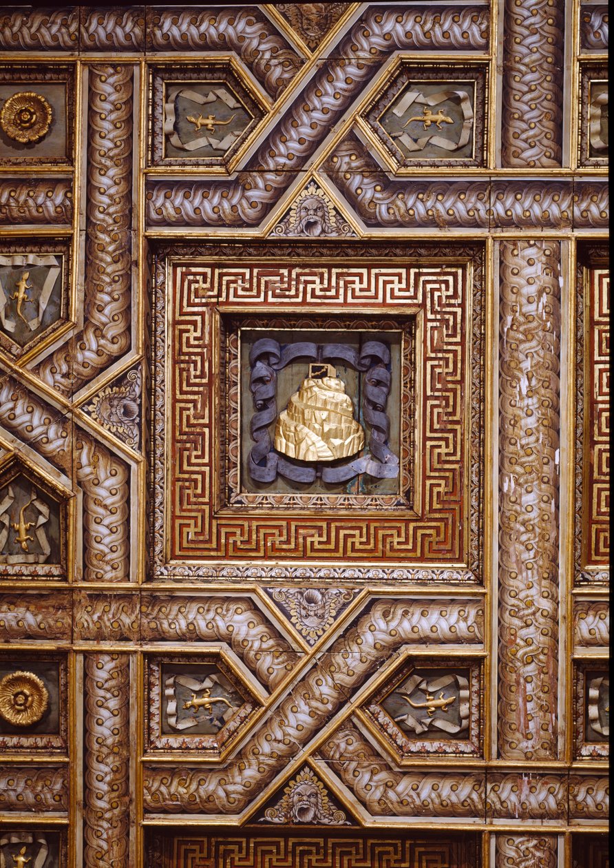 Sala dei Cavalli, View of the Ceiling with the Carved Gonzaga Impresse of Mount Olympus, Lizards and Ornamented Rosettes Bordered by Trompe l