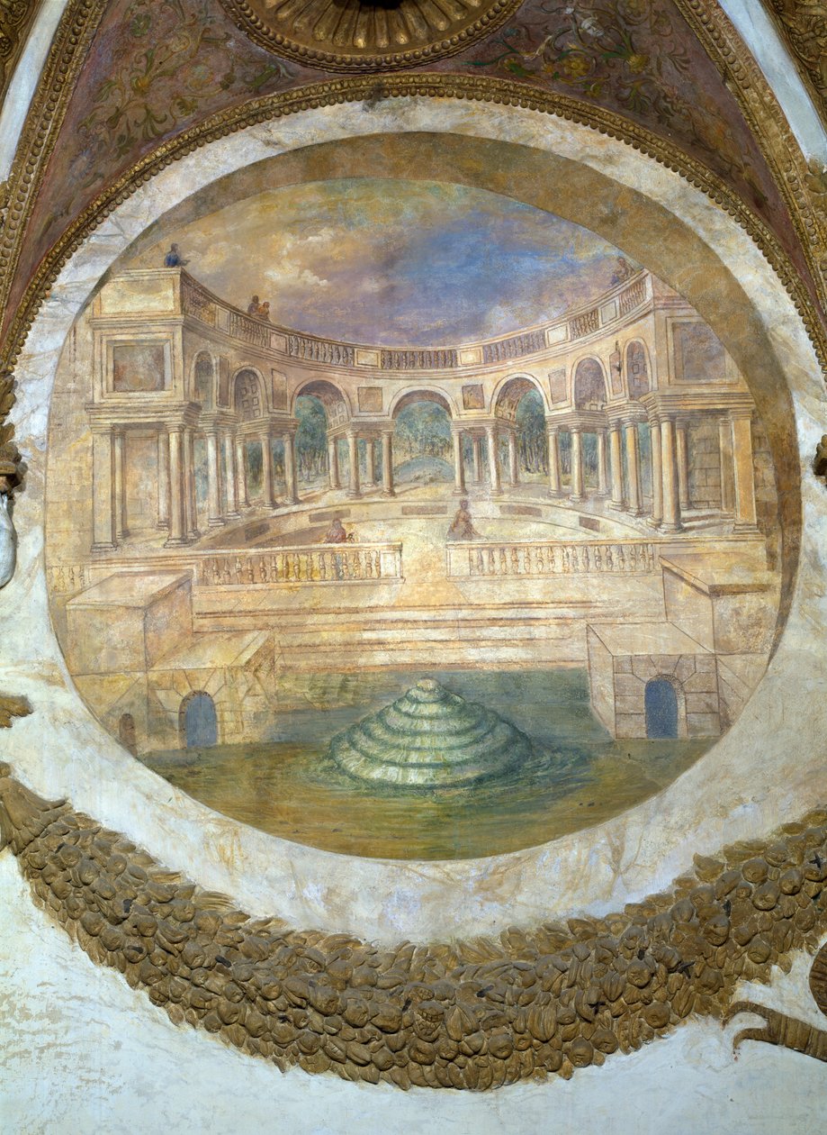 Scene showing that those born under the sign of Sagittarius in conjunction with the constellation Arcturus are imparted with the propensity to become guardians of royal buildings, symbolised by a pala by Giulio Romano