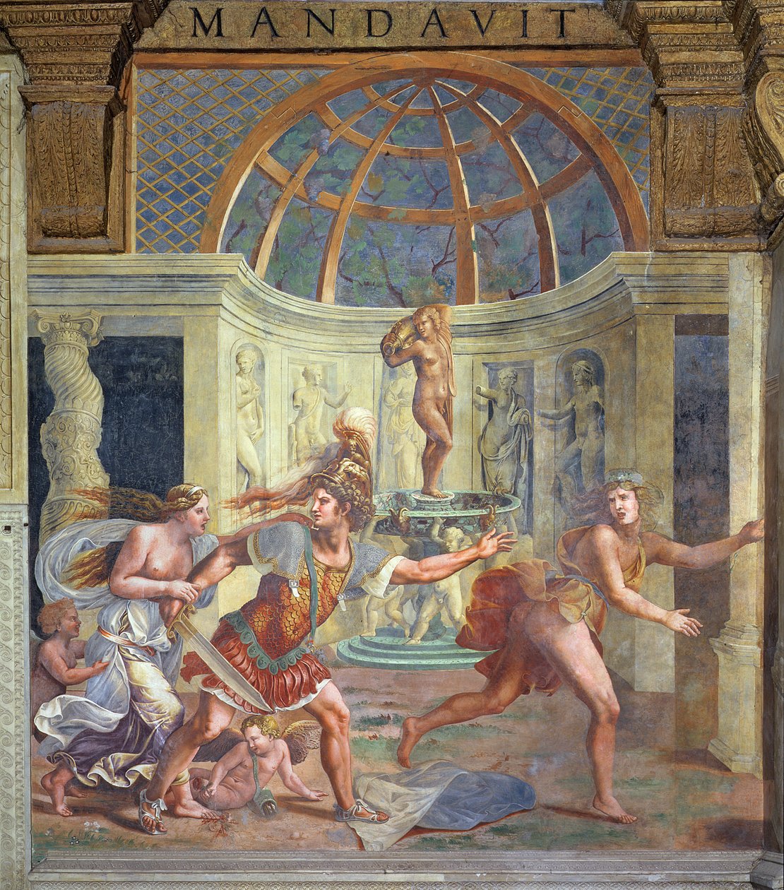 Venus, Whose Pricked Foot Stains the Petals of a Rose Red, with Mars Who Pursues Adonis with an Unsheathed Sword from the Sala di Amore e Psiche, 1528 by Giulio Romano