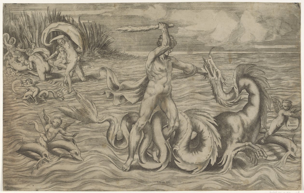 Hercules Wrestling with Achelous by Giulio Bonasone