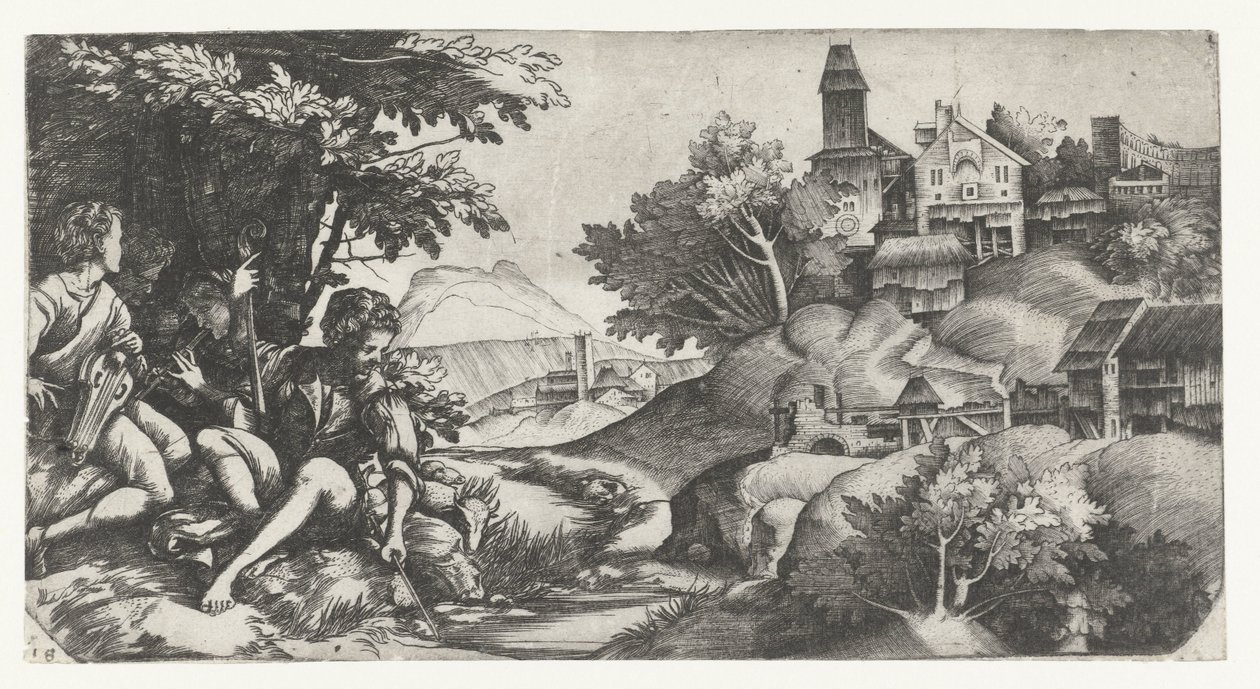 Musical Shepherds in a Landscape by Giulio Campagnola