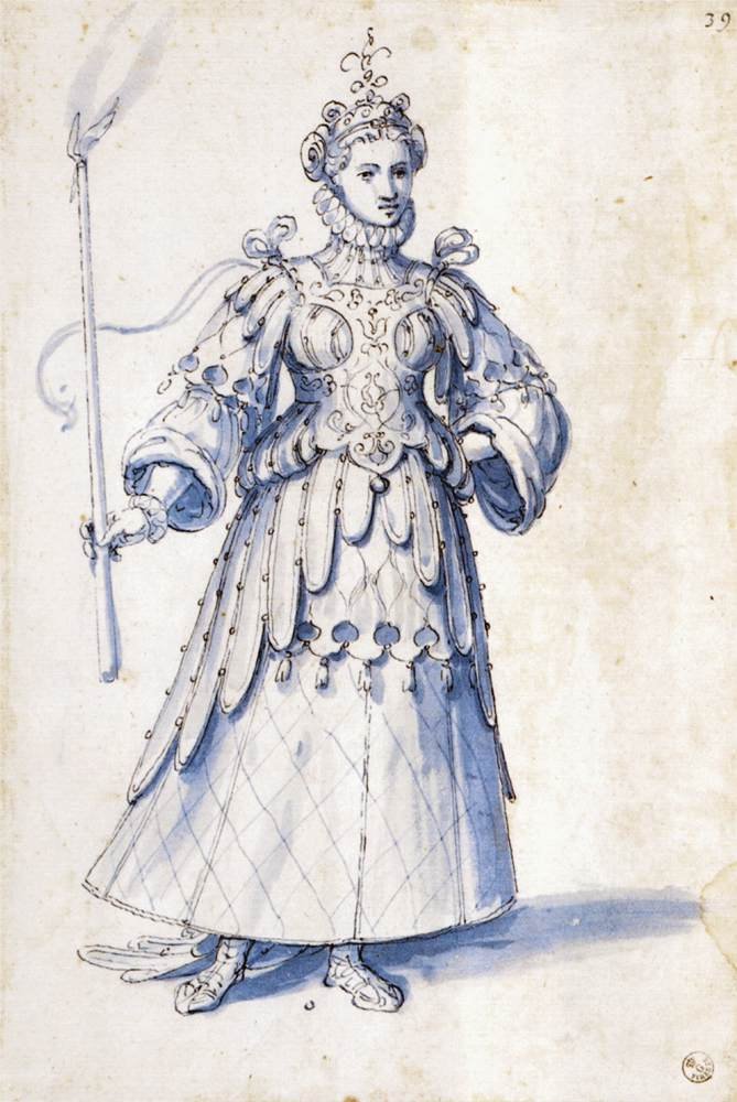 Costume Drawing of a Female Figure with Torch by Giuseppe Arcimboldo