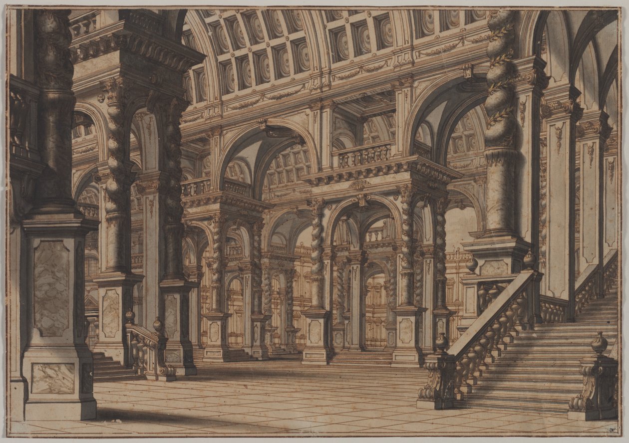 Monumental Vaulted Hall with Staircase by Giuseppe Galli Bibiena